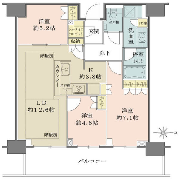 間口約8.4mのワイドスパン。採光面積が広く、開放感のある設計です。全居室に収納が設けられています。