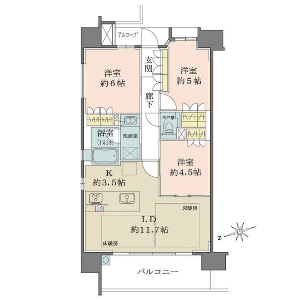 LDは約11.7帖、2面の床暖房付き。隣接する洋室との一体利用も可能。浴室に窓が設置されています。