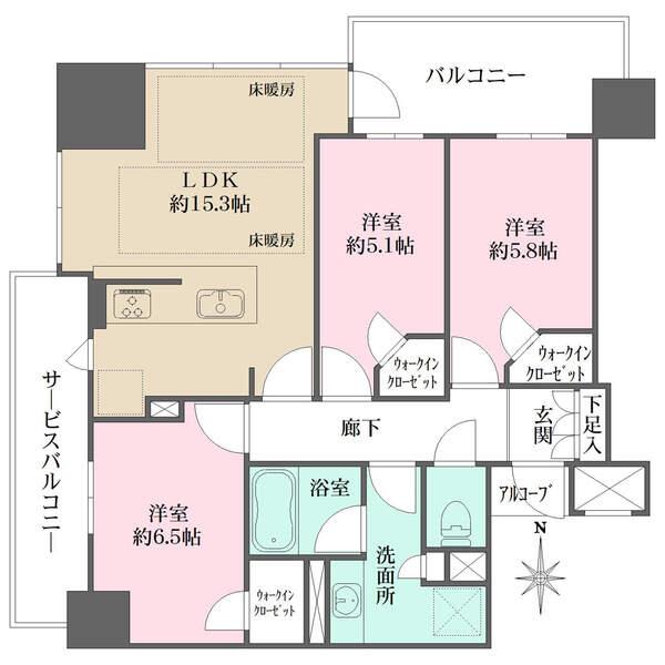 バルコニー＋サービスバルコニーが配置された開放感のある住戸設計。各洋室にウォークインクローゼット有。