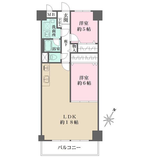 南東向きバルコニーに面したLDKは約18帖。約6帖の洋室が隣接。各洋室、廊下に収納が備わっています。