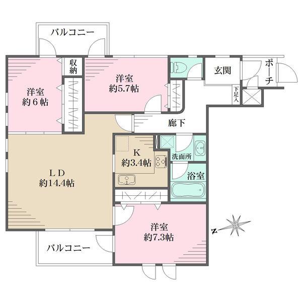 LDと洋室2部屋は2面採光です。LDは隣室との一体利用で約20.4帖の開放的な空間として利用可能。