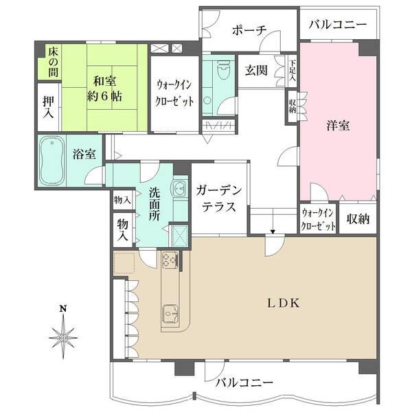 角住戸×2面バルコニー付きで、陽当り・通風良好。ウォークインクローゼットが2つ備わり、収納が充実。