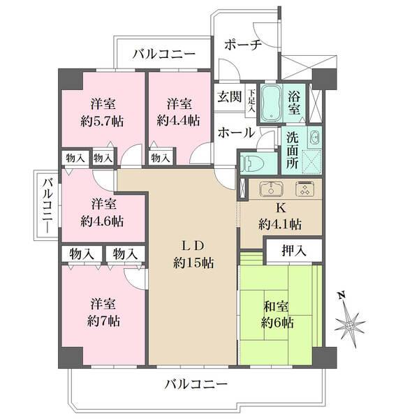 南西向きの角住戸。大人数のご家族も、それぞれの個室を確保しやすい間取りです。各和・洋室に収納有り。