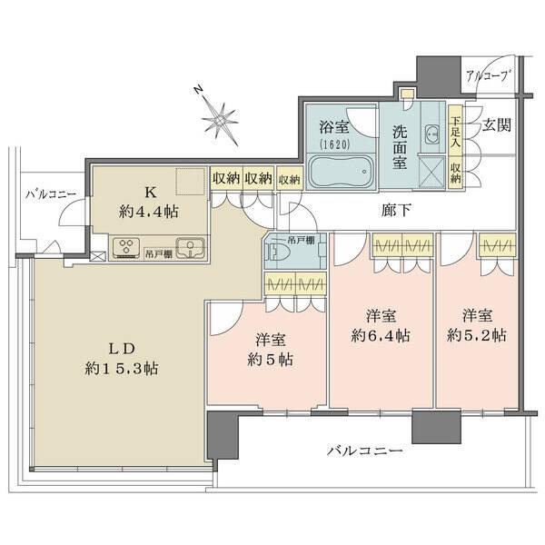 開口部が広く、開放感のある約15.3帖のLD。全居室がバルコニーに面します。各居室、廊下に収納有り。