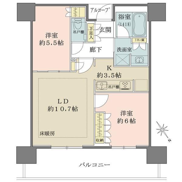 廊下が短く効率の良い間取り設計。リビングダイニングは隣接する約5.5帖の洋室との一体利用も可能。