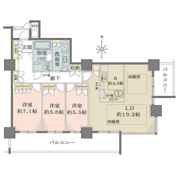 約23.5帖のLDK、天井高約2.65m(LDK・洋室)、全居室に開口部あり。開放感ある間取りです。