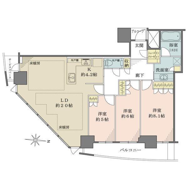 南・東向き角住戸。各洋室がバルコニーサイド設計で、開放的な住空間。シューズインクローゼット付きです。