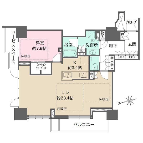 角住戸につき、2面に広く採光が確保されたLDK。随所に豊富な収納が設けられ、すっきりと暮らせます。