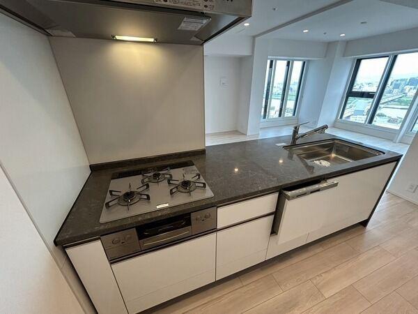 食器洗乾燥機・ディスポーザー・水栓一体型浄水器搭載。3口コンロで使い勝手の良いキッチンです。