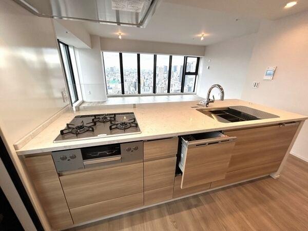 対面仕様のキッチンからは、調理中も開放的な景色を楽しめます。生ゴミ処理に役立つディスポーザー付き。