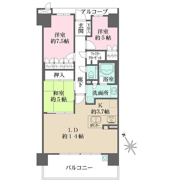陽当り・通風良好な南西向き住戸です。各和・洋室に収納、廊下にファミリークローゼットが備わっています。