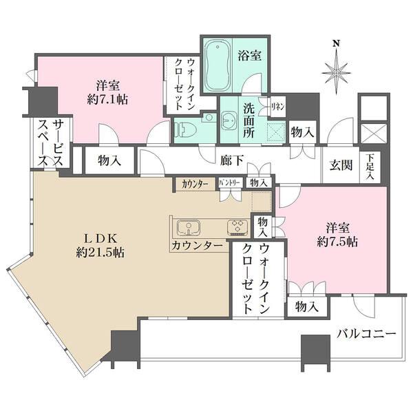 39階南西角住戸。LDKは広々約21.5帖。2か所のウォークインクローゼットなど収納豊富な間取り。