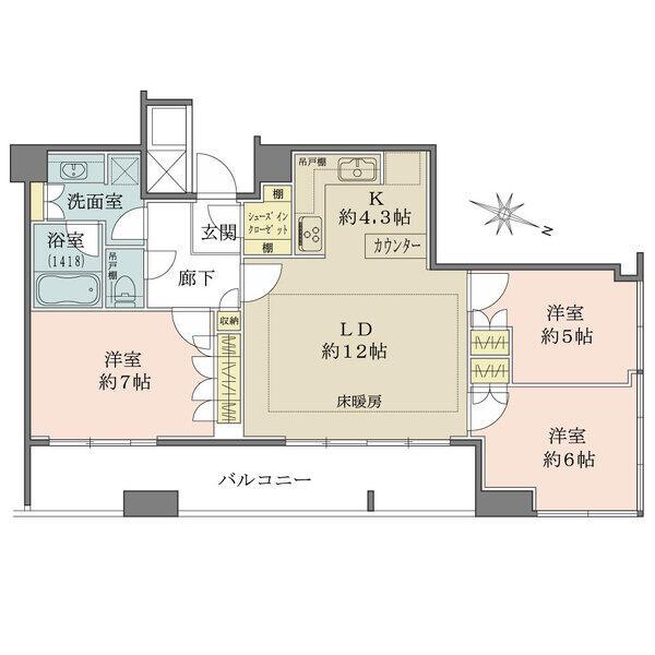 シューズインクローゼット等収納スペースが豊富な３LDKタイプ。開放感のあるL字型システムキッチン。