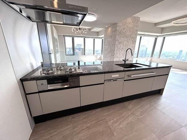 黒い天板がシックな印象です。ディスポーザー、食器洗乾燥機、浄水器搭載で使い勝手の良いキッチン。