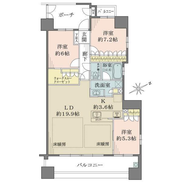 LDKは約23.5帖の広々とした空間です。各洋室にクローゼットが備わり、お部屋をすっきりと保てます。