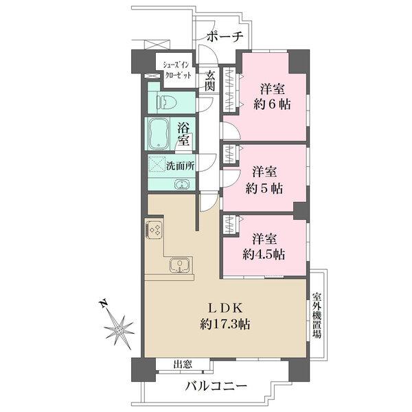 南・東・北3方角住戸につき陽当り・通風・眺望良好。玄関にシューズインクローゼット、玄関ポーチ有り。
