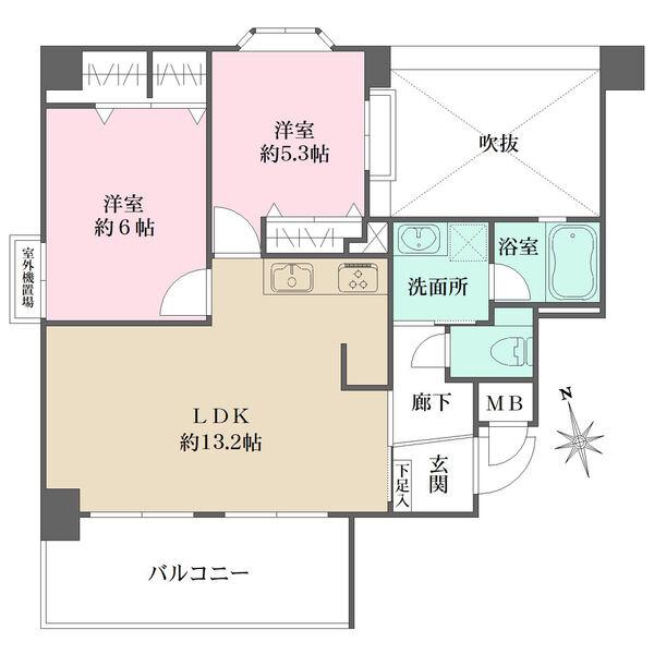 廊下部分が短く、住空間が確保されている間取り。LDKは陽当り良好な南向きのバルコニーに面します。
