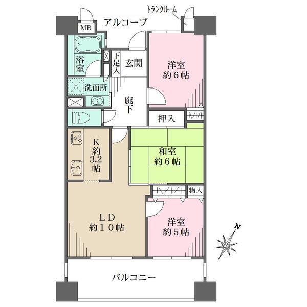 廊下部分が短く住空間が確保されている間取り。LDと洋室約5帖が南向きバルコニーに面します。