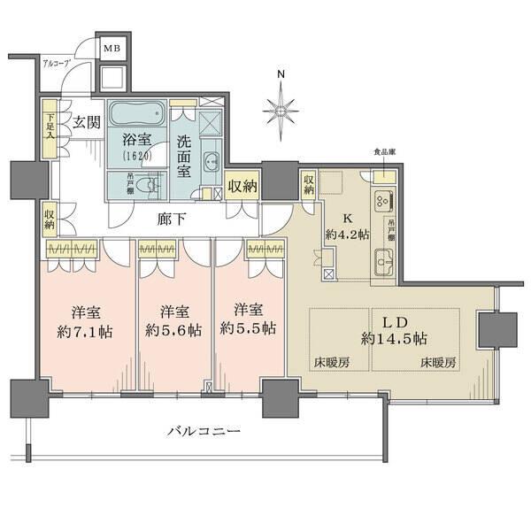 全居室が南向きバルコニーに面した間取り。南・東側の2面採光の明るいLD。約4.2帖の独立型キッチン。