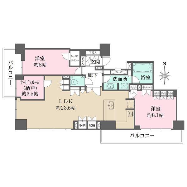 2面バルコニー付き角住戸。約3.5帖のサービスルーム(納戸)有り。全居室に収納が設けられています。