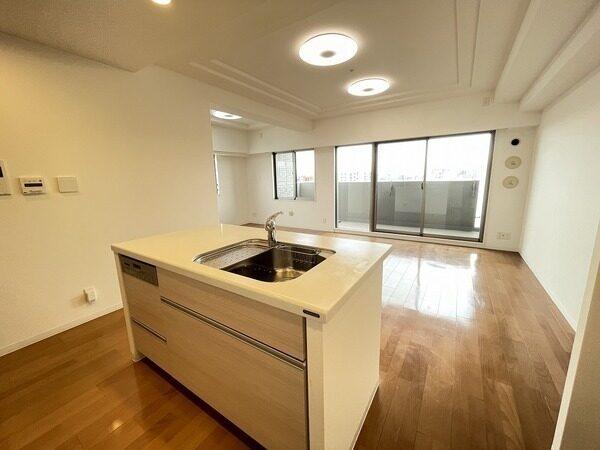 作業動線の自由度が高く、開放的なアイランド型キッチンが採用されています。一体感のあるLDKです。