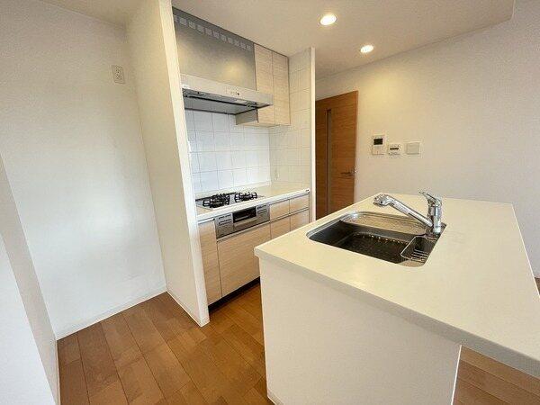 同時調理が叶う3口ガスコンロや、食後の時間に余裕が生まれる食器洗乾燥機が搭載されたキッチンです。