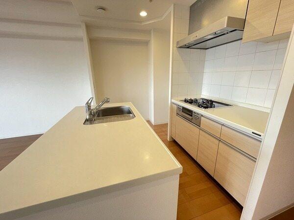 作業スペースが広く確保されています。吊戸棚やシンク下の引き出しなど、収納力に優れた仕様です。