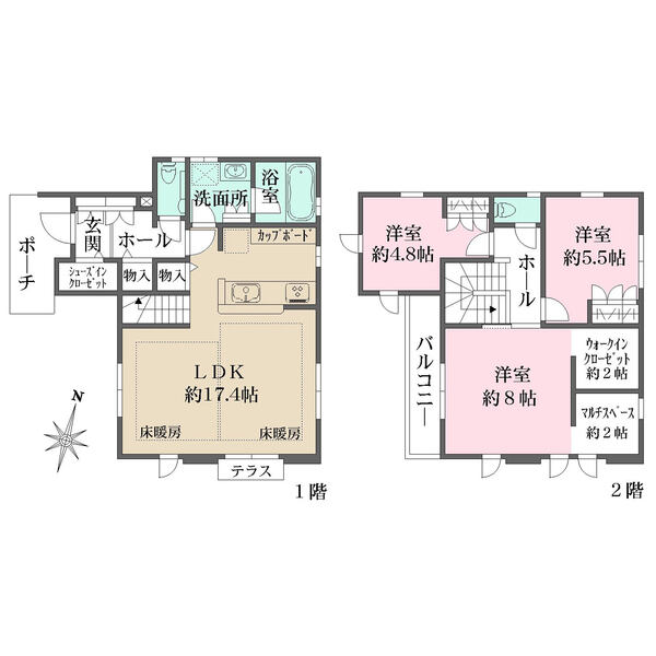 家族のコミュニケーションが生まれるリビング階段の住まい。多目的に使える約2帖のマルチスペース有り。