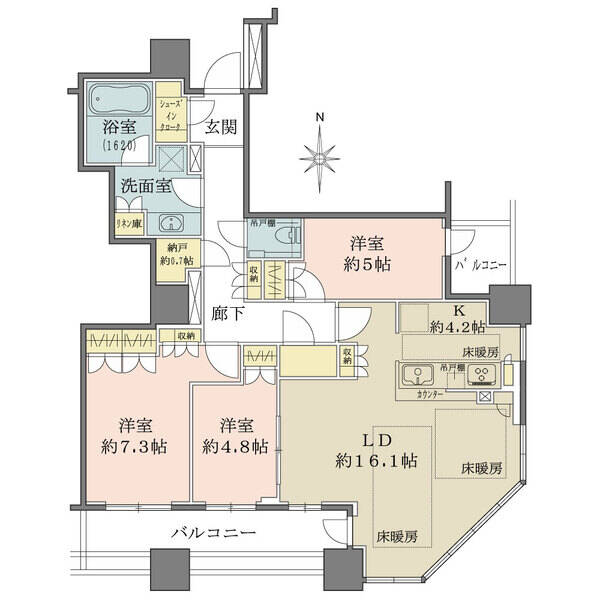 南東角住戸。LDKは開口部が大きく、陽当り・通風・眺望良好です。浴室はゆとりある1620サイズです。