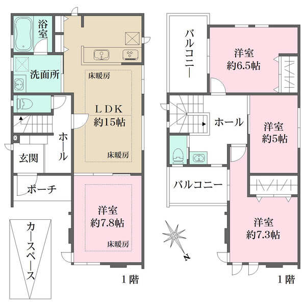 LDKと洗面所が近く、家事動線に配慮された間取り。LDと1階洋室は、寒い季節に嬉しい床暖房付きです。