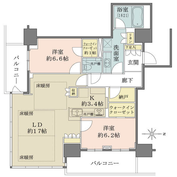 LDK合わせて約20.4帖の開放的な空間。ウォークインクローゼット、納戸有り。収納豊富な間取りです。