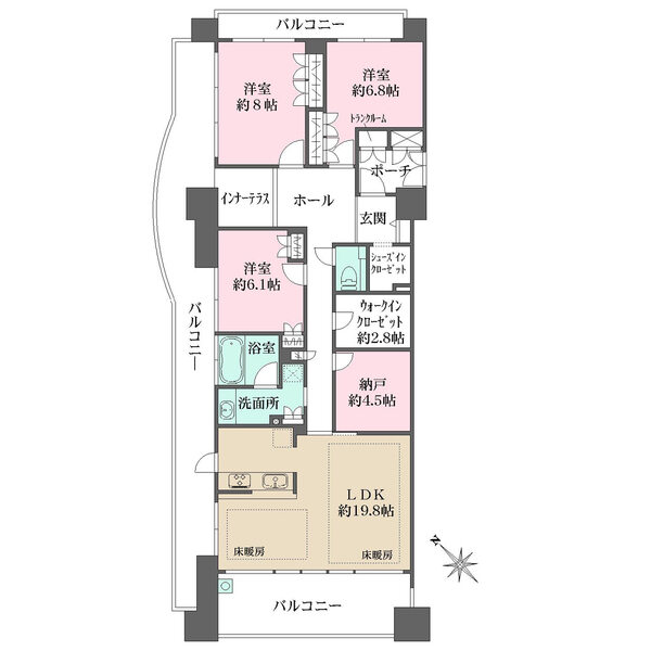 3面バルコニー付き角住戸。LDKはゆとりある約19.8帖。ウォークインインクローゼットなど収納豊富。