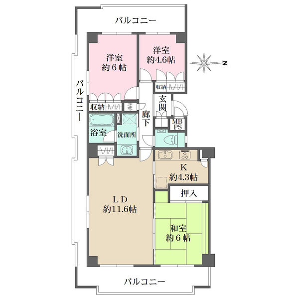 3面引き回しバルコニー付き、陽当り・通風良好な角住戸。キッチンは独立性が高く、生活感を抑えられます。