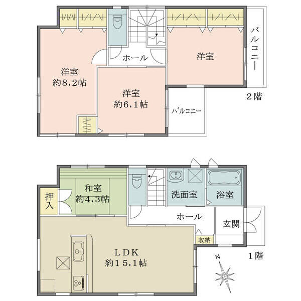トイレは各階に配置されています。玄関先から居室が見えにくいクランクイン設計です。各和洋室は収納付き。