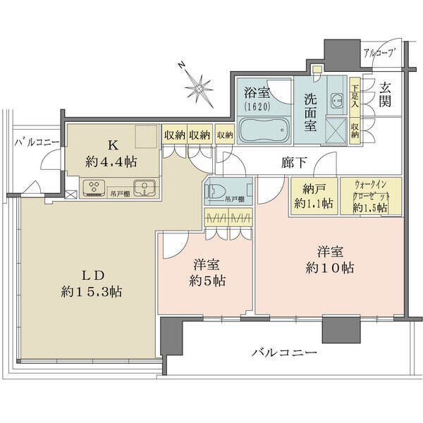 2面バルコニー付き住戸。約10帖の洋室などゆとりある設計です。ウォークインクローゼット、納戸有り。