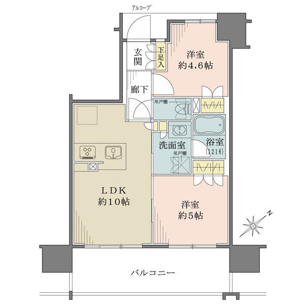 LDK含む2居室が南東向きバルコニーに面した明るいレイアウト。全居室に収納が設けられています。