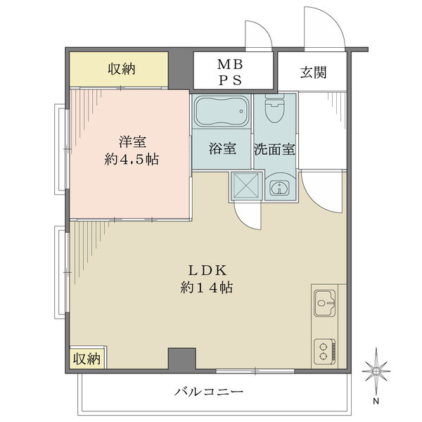 約14帖のLDKは洋室と一体利用し、広く活用可能。壁付けのキッチンには便利な吊戸棚が備わっています。