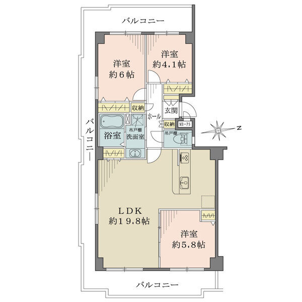 洋室約5.8帖は開放し、LDKとの一体利用が可能。玄関先から室内が見えないクランクイン設計です。
