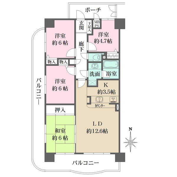 キッチンは配膳や後片付けに役立つカウンター付き。各和洋室に収納付きです。玄関先に専用ポーチ有。