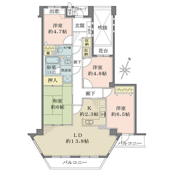 約4.8帖の洋室とキッチンは廊下の2方向から、和室はLDと廊下の2方向から出入り可能。随所に収納有。