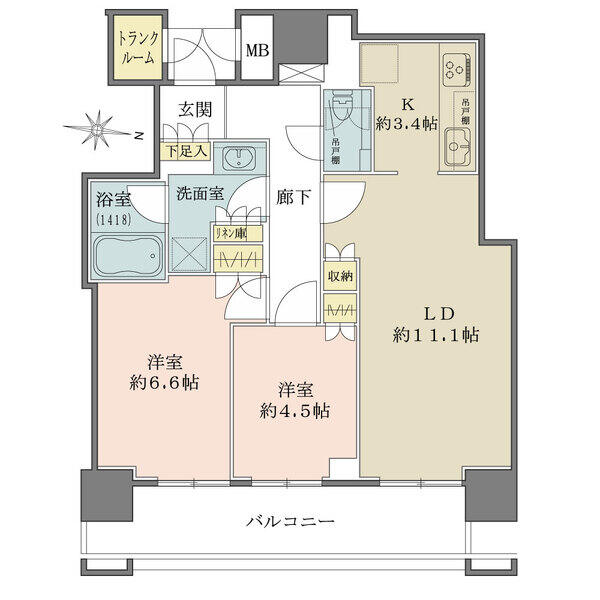 全居室が東向きバルコニーに面しています。室内随所の収納に加え、玄関にトランクルームも備わっています。