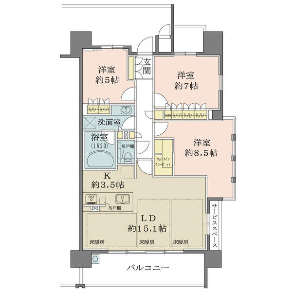 廊下・洗面室・洋室などに収納、約8.5帖の洋室にはウォークインクローゼットが備わり、収納が豊富です。