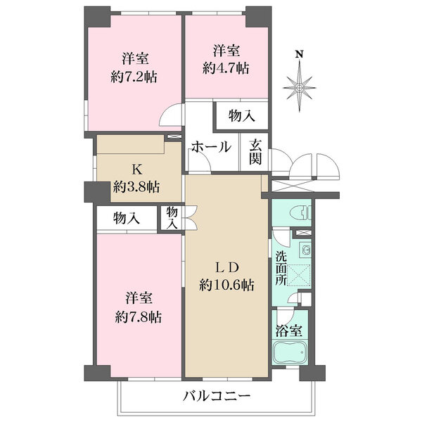 陽当り良好な南向き住戸。廊下面積が少なく、住空間を有効に活用した間取り設計。浴室には窓がございます。