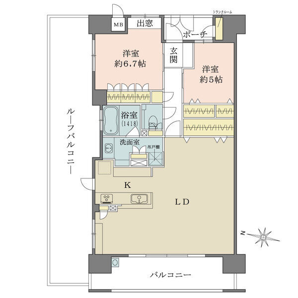 2面にバルコニーが備わった開放感あふれる角住戸です。キッチンは対面仕様×勝手口付き。全居室に収納有。