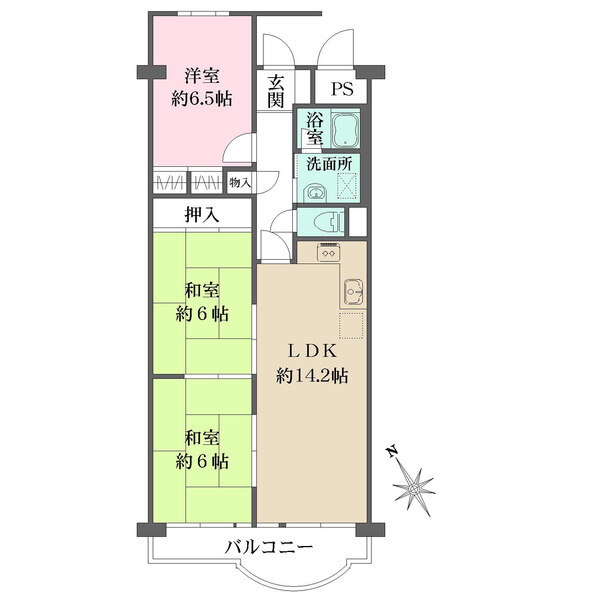 陽当り・眺望良好な最上階住戸。全居室6帖以上。LDKから和室2室へつながる、生活動線に優れた間取り。