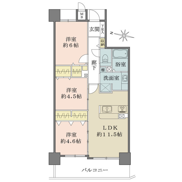LDKに洋室2室が隣接、多彩な空間アレンジがしやすい間取り。各洋室に収納有。キッチンは対面式です。
