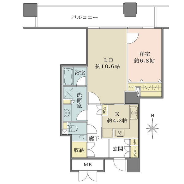 キッチンはLDと廊下からの2WAY仕様。ゆったりとした広さのバルコニー付き。収納が豊富にございます。