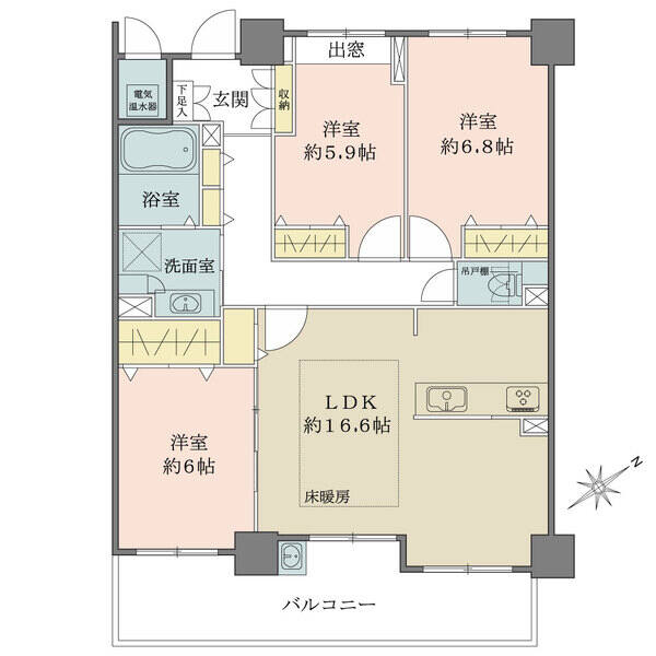 陽当り良好な南東向き。LDKと約6帖の洋室は引き戸で繋がり、一体利用も可能です。全居室に収納有り。