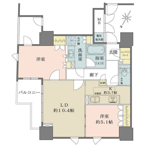 キッチンを中心とした回遊型の間取り。収納豊富です。開口部が多く角住戸ならではの開放感を享受できます。