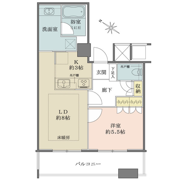 LDと洋室がバルコニーに面する、明るいレイアウト。廊下面積を抑え、居住空間が広く確保された設計です。